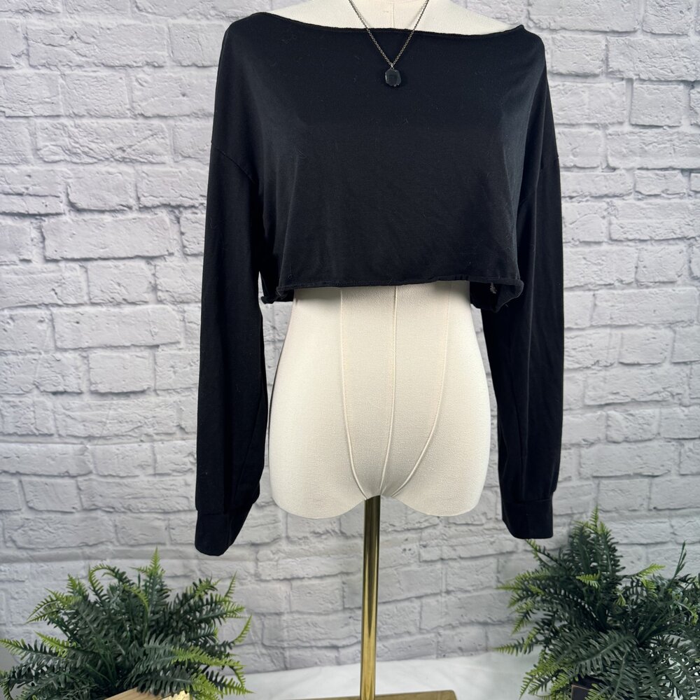SHEIN Black Boxy Boat Neck Long Sleeve Crop Top S